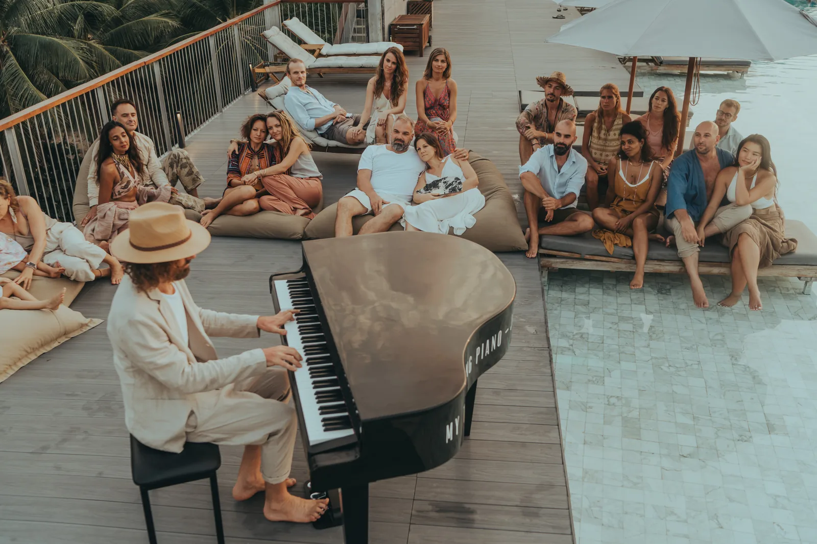 Grand piano at a private poolside event